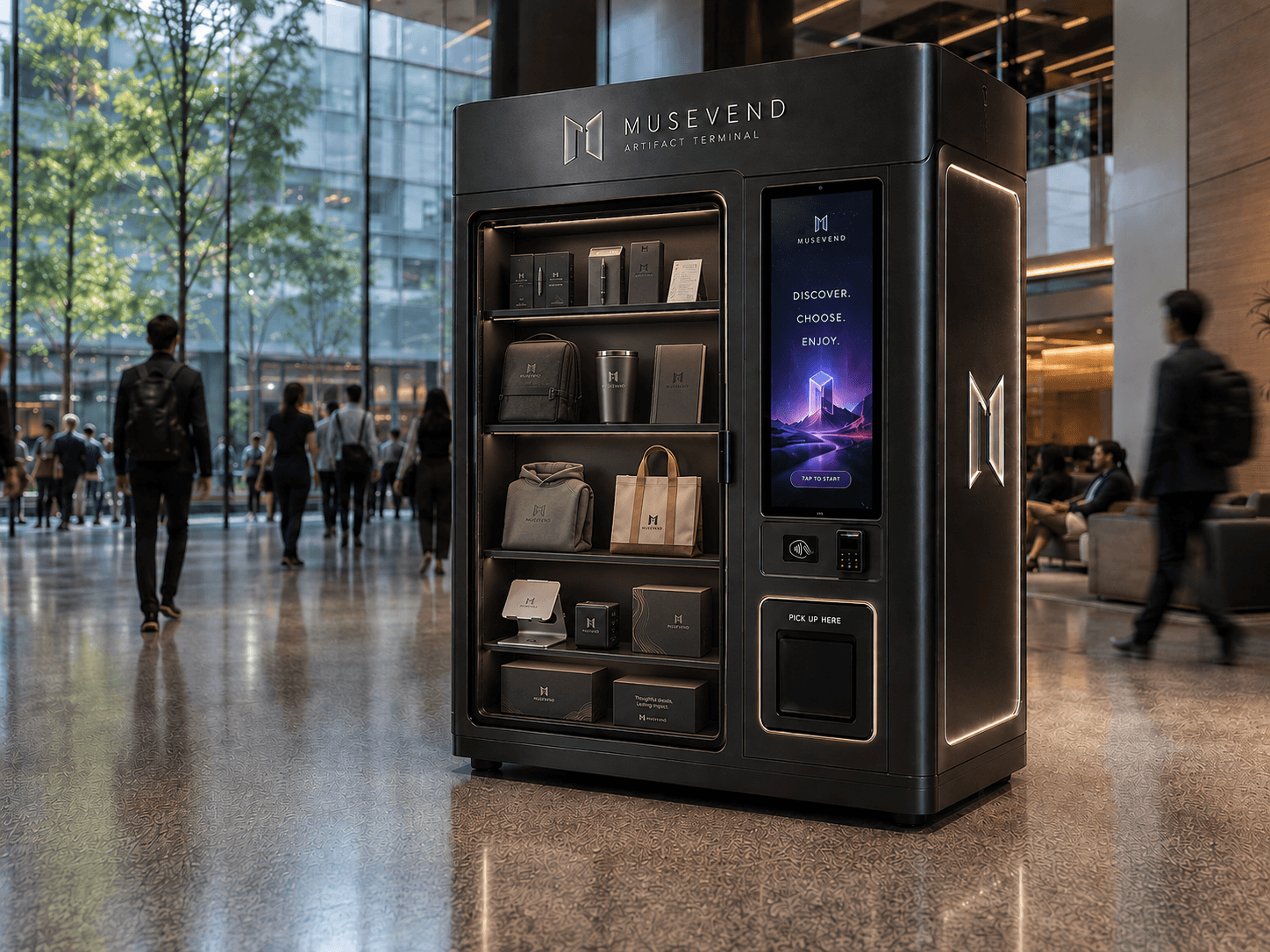 MuseVend terminal — 21.5-inch 4K touch vending unit with modular dispensing